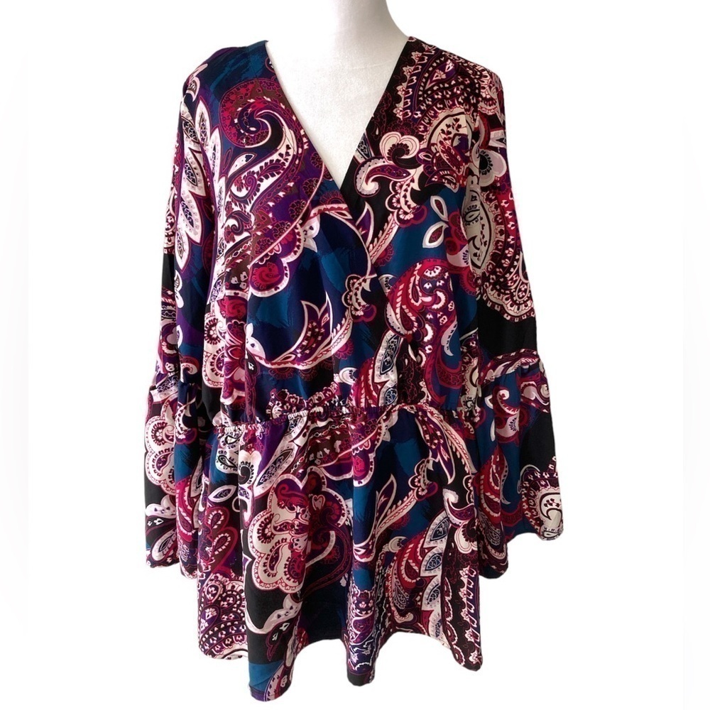Lane Bryant Outlet 20 blouse faux wrap v-neck bell sleeves paisley
